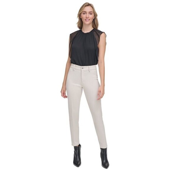 Calvin Klein Women's Slim-Leg Button-Fly Pants Stretch Formal Casual Beige 12 - Picture 1 of 8
